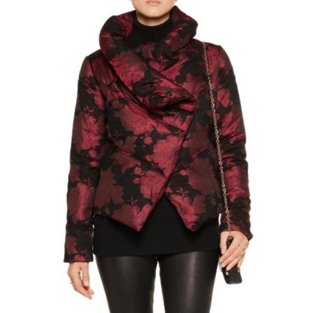 Alice + Olivia Metallic Rose Duck Down Puffer Coat Asymmetric Floral Size Small